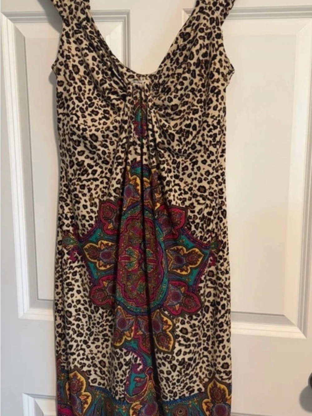 London Times Leopard Print Midi Dress with Teal, Magenta & Gold Medallion